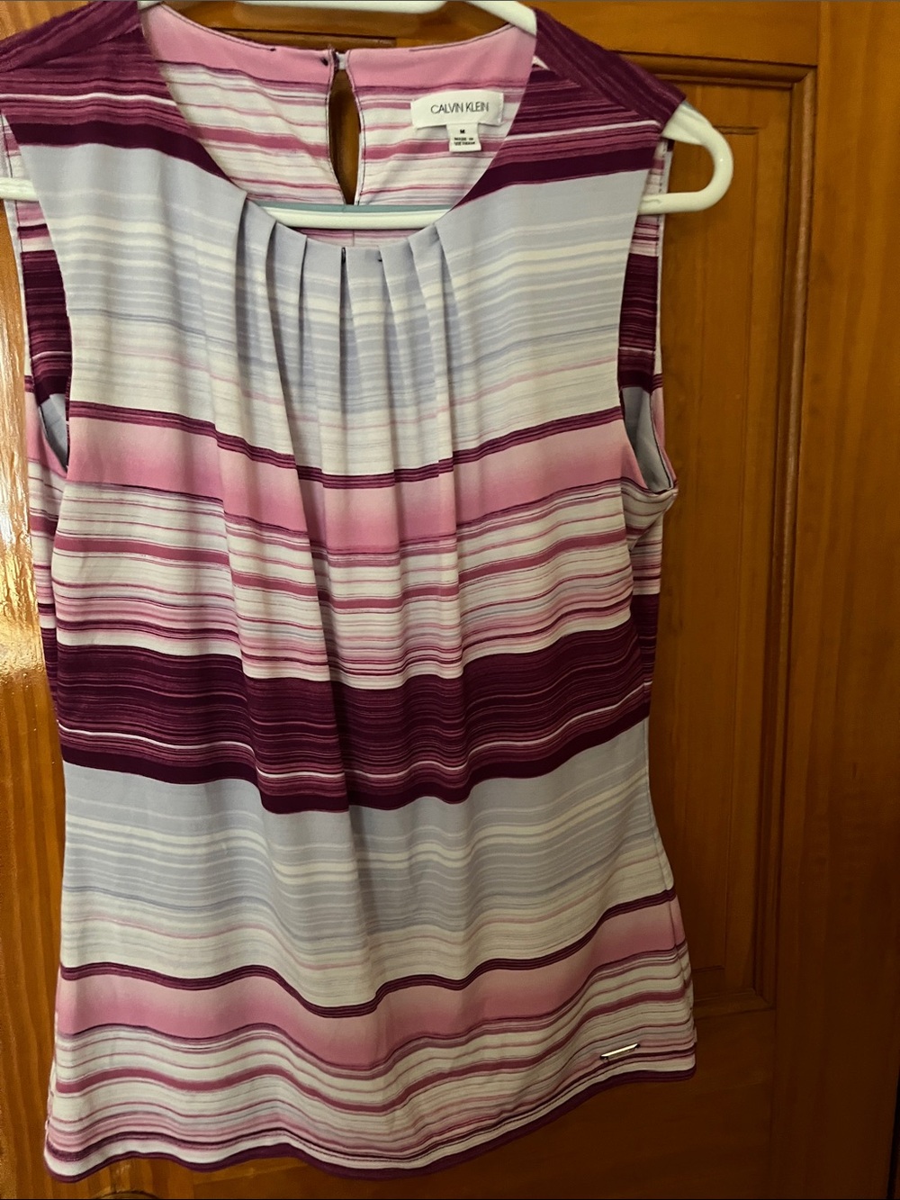 Calvin Klein Sleeveless Striped Pleat-Neck Camisole in Pink & Purple size M.